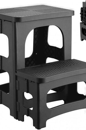 2 Step Stool Foldable, Non-Slip Steps, Folding Step stool for Adults & Kids, Plastic Step Stool Pool Ladder, Collapsible Stools 2 Step Ladder for Kitchen Toilet Bedroom Office RV, Holds 330 lbs, Black