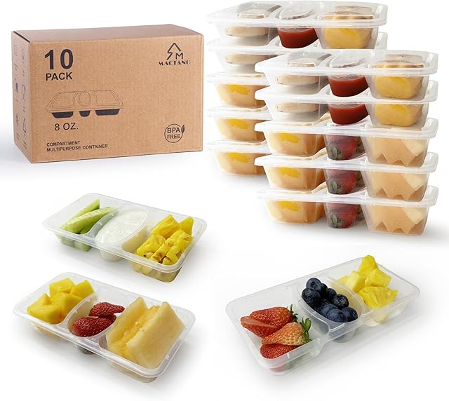 8 OZ Reusable Snack Containers with Lids, New 3 Compartment Condiment Snack Pack Containers 10 Sets