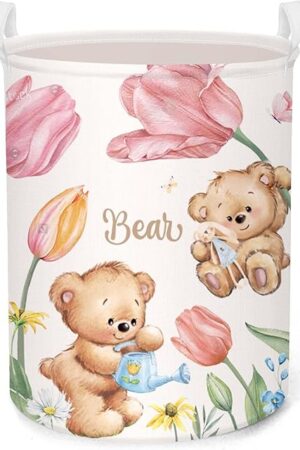 Clastyle Large Pink Tulip Bear Baby Gift Basket Kid Clothes Toy Book Nursery Storage Bin Girl Bedroom Butterfly Flower Laundry Hamper, 14x17.7 in