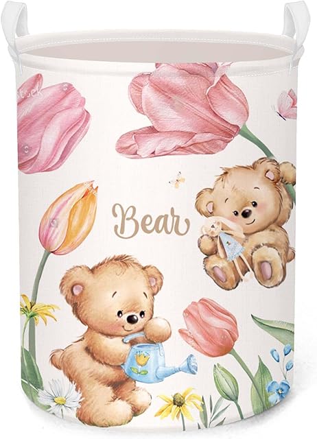 Clastyle Large Pink Tulip Bear Baby Gift Basket Kid Clothes Toy Book Nursery Storage Bin Girl Bedroom Butterfly Flower Laundry Hamper, 14x17.7 in
