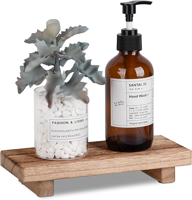 Bathroom Tray Farmhouse Decor Pedestal Stand Wood Riser Display Kitchen Accessories Soap Holder for Sink, Counter, Vanity, 8.7 * 3.6 Brown