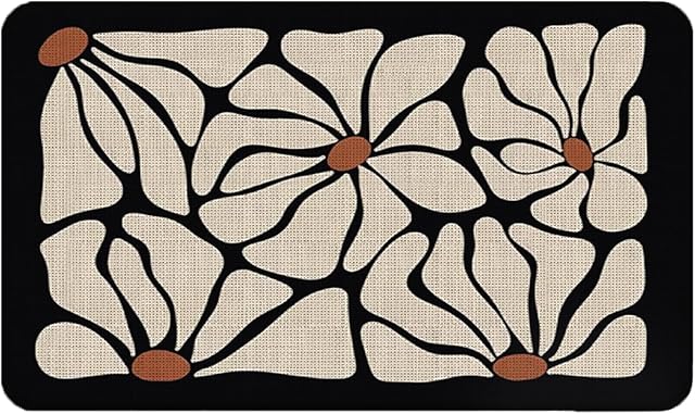 Boho Beige and Black Floral Door Mat - Bohemian Neutral Floral Front Door Welcome Mats Outdoor Entrance, 17x30 Rug