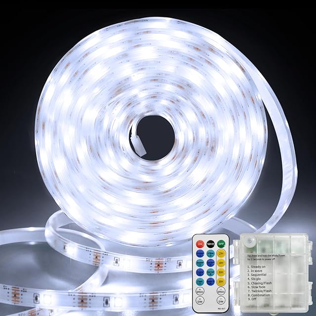 echosari 150 LED Strip Lights Battery Operated 16.4Ft Waterproof Strip Lights with Remote Timer Cuttable Light Strip for Indoor Outdoor Bedroom Cabinet Boat Decor (Cool White)