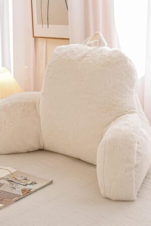 A Nice Night Faux Fur Reading Pillow Bed Wedge Large Adult Children Backrest with Arms Back Support for Sitting Up in Bed/Couch for Bedrest,Ivory,Large