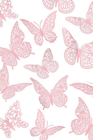 3D Pink Butterfly Wall Decor 3 Sizes 4 Styles Butterfly Party Decorations Cake Decorations Removable Stickers Wall Decor Room Mural Metallic Kids (Pink, 48Pcs)