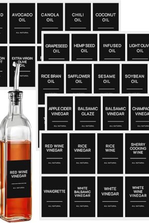 50 Oil and Vinegar Labels for Bottles,Preprinted Condiments Label Stickers for Organizing Oil Dispenser Bottles, Black Matte Minimalist Oil Jar Labels