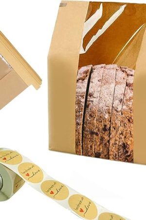 Bread Bags Sourdough Bags Bakery Bag Cookie Bag with Tin Tie Tab Lock Clear Front Window with Label Seal Stickers