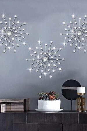 ZEXUIRU 3 Set Silver Metal Jeweled Wall Art Bling Crystal Home Décor Sun Burst Rhinestone Wall Hanging Diamond Accents