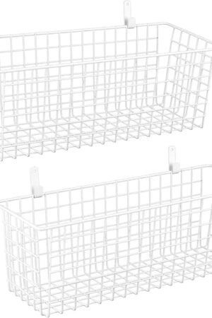 2 Sets Extra Large Hanging Wall Basket, White Metal Wire Baskets with Steel Hooks for Organizing, WallmountedFruit Vegetable Toy Snack Storage, Home Kitchen Bathroom Laundry Pantry Organizer