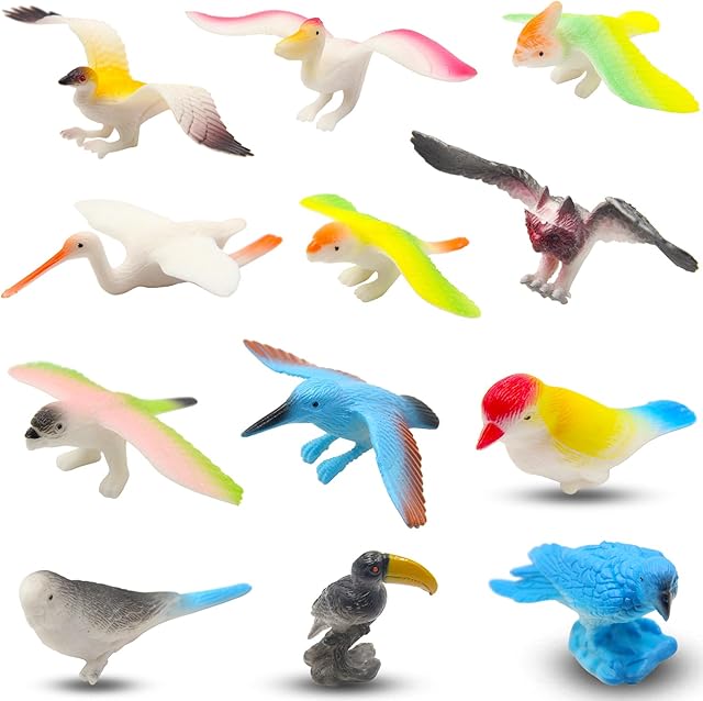 The PINOWU Birds Figurines (12pcs), Realistic Eagle Parrot Toucan Pigeon Owl Toy Birds, Learning Educational Toys for Dollhouse Birthday Cake Topper Gift for Kids Toddler w/Storage Bag