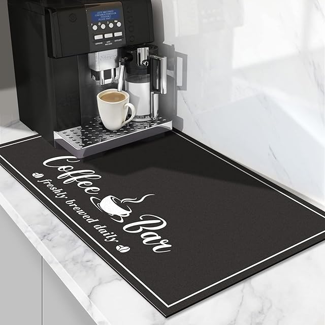 Absorbent Coffee Mat, Fashion Dish Drying Mat for Kitchen Counter Coffee Bar Accessories Espresso Machine Dish Rack 12" x 20" Black