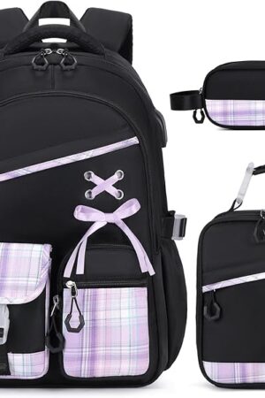 Backpack for Girls - 3PCS Girls Backpack with Lunch Box & Pencil Pouch Plaid School Backpacks for Elementary Middle High College School Bookbag for Teen Girl Kids Students Blackpurple