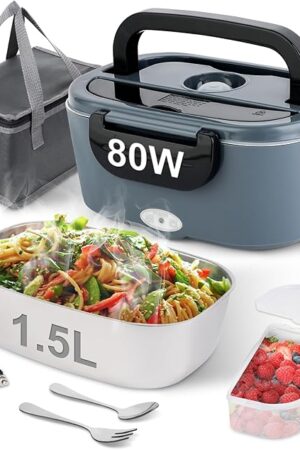80W Electric Lunch Box for Adults, 1.5L Stainless Steel Food Warmer Lunch Box, 12V/24V/110V Portable Heated Lunch Box for Car/Truck/Office, Leak-Proof, Dishwasher-Safe with Insulated Bag(Blue)