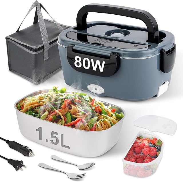 80W Electric Lunch Box for Adults, 1.5L Stainless Steel Food Warmer Lunch Box, 12V/24V/110V Portable Heated Lunch Box for Car/Truck/Office, Leak-Proof, Dishwasher-Safe with Insulated Bag(Blue)