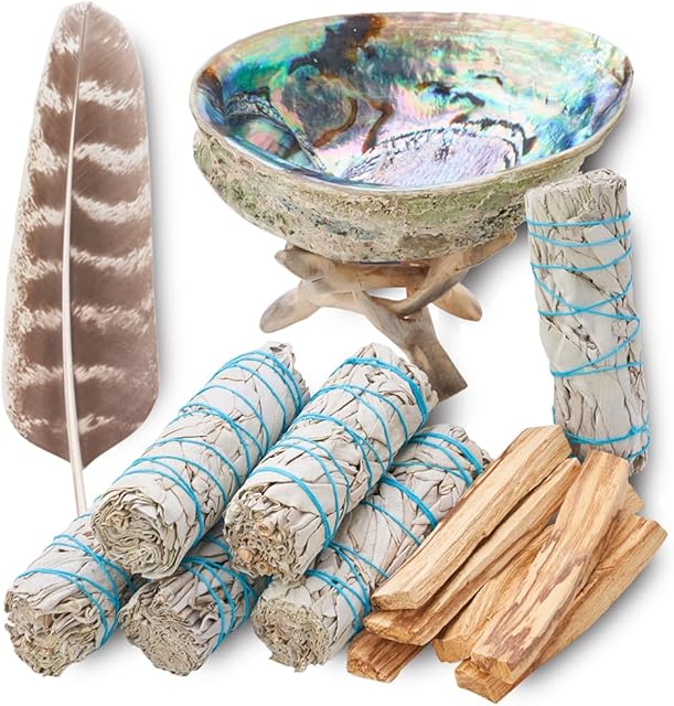 Sage Smudge Kit ~ 6 White Sage Bundles 4" ~ 6 Palo Santo Sticks 4-inch ~ Abalone Shell 5-6" & Tripod Stand ~ Instructions ~ Feather 7+ inch ~ Smudging Kit