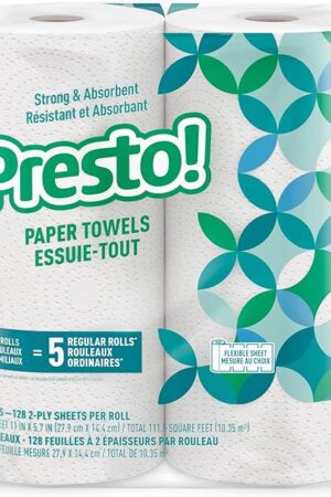 Amazon Brand - Presto! Kitchen Paper Towels - Flex-a-Size, 128 Sheet Family Roll, 2 Rolls