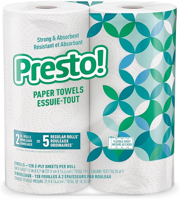 Amazon Brand - Presto! Kitchen Paper Towels - Flex-a-Size, 128 Sheet Family Roll, 2 Rolls