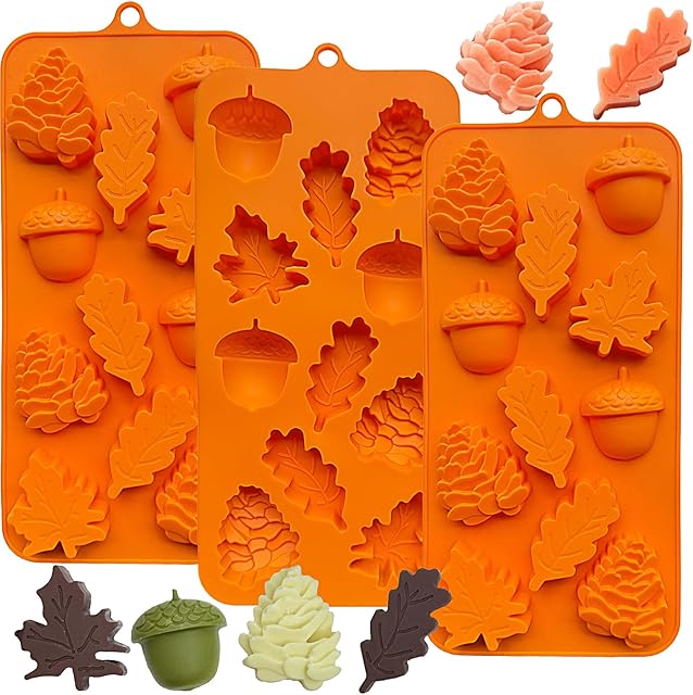 3Pack Fall Chocolate Mold Thanksgiving Silicone Candy Molds Halloween Autumn Harvest Festival Baking Mold Chestnuts, Pine Cones, Maple Leaves Acorn Shape Cake Molds for Cake Cupcake Toppers
