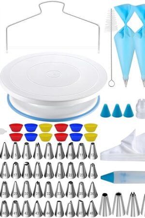 112Pcs Cake Decorating Supplies Kit, Included Cake Turntable, Cake Leveler, 54 Numbered Icing Piping Tips, 2 Spatulas, 3 Scraper, 30+2 Piping Bags, Mother's Day Gift Ideas