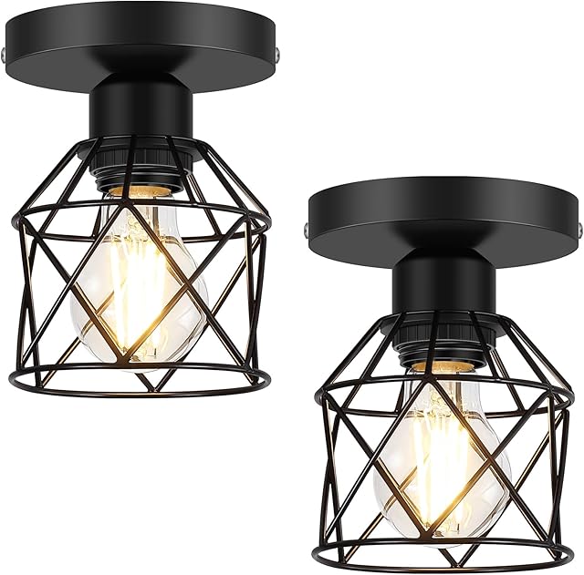 FadimiKoo 2-Pack Farmhouse Semi Flush Mount Ceiling Light, Black Hallway Light Fixtures Ceiling Mount, Small Metal Cage Indoor Ceiling Lamp for Kitchen Porch Bedroom (LED Bulbs Included)