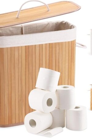 Bamboo Toilet Paper Basket, 8 Gallons (30L), Sturdy Bathroom Storage with Lid, Toilet Paper Organizer Basket for Kitchen, Toilet Paper Holder with Storage, Natural