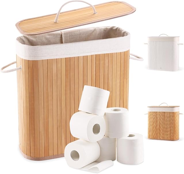 Bamboo Toilet Paper Basket, 8 Gallons (30L), Sturdy Bathroom Storage with Lid, Toilet Paper Organizer Basket for Kitchen, Toilet Paper Holder with Storage, Natural