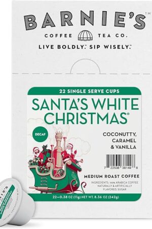 BARNIE'S COFFEE TEA CO. Single Serve K cups for Keurig Brewers Medium Roast Arabica Coffe Beans, Decaf Santa's White Christmas, 22 Count