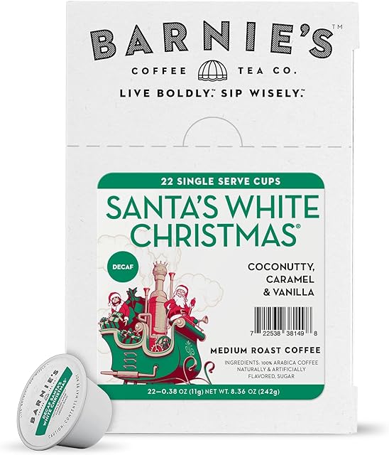 BARNIE'S COFFEE TEA CO. Single Serve K cups for Keurig Brewers Medium Roast Arabica Coffe Beans, Decaf Santa's White Christmas, 22 Count
