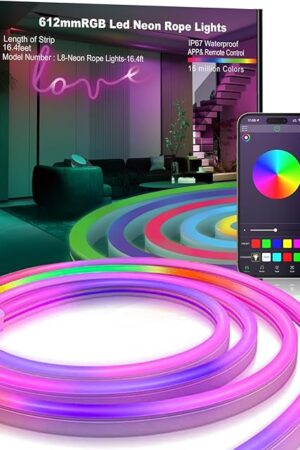 16.4ft RGB LED Neon Rope Light with Remote Control, Smart Color Changing DIY Mode Neon Flex Strip Lights for Bedroom Indoors Outdoors Decor