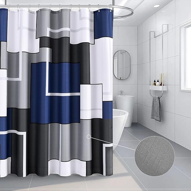 Blue Shower Curtain Set with Hooks Blue and White Morden Shower Curtains for Bathroom Fabric Grey Abstract Geometric Bath Curtains Decorative Gray 72x72
