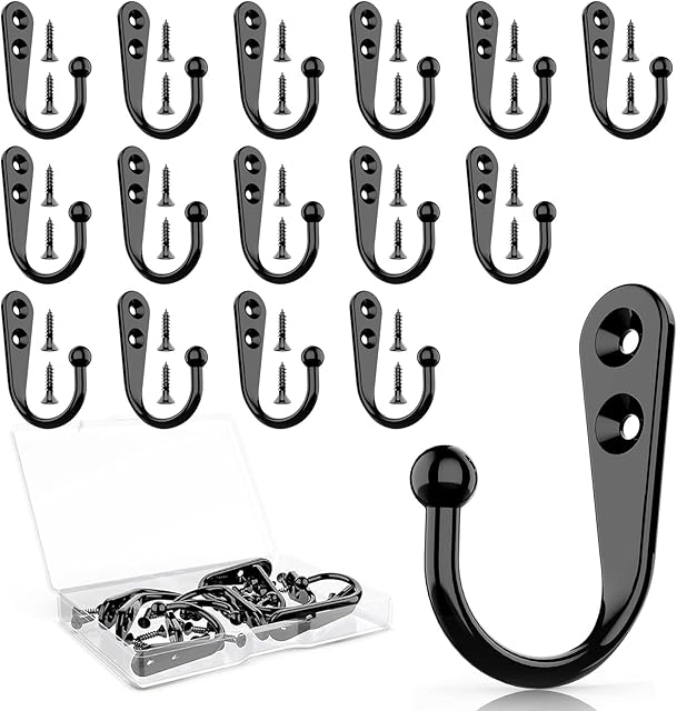 15 Pcs Black Coat Hooks - Wall Hooks for Closet Hanging, Multi-Room Use (Bathroom/Bedroom/Kitchen), Holds Coats/Towels/Scarves/Hats/Keys/Cups, Includes 30 Screws
