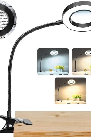 10X Magnifying Glass with Light, Clip on Mganifier with Light, 48 LED Desk Magnifying Glass wtih Clamp, 3 Modes Dimmable Magnifying LED Lamps for Bed Work Crafts DIY Repair