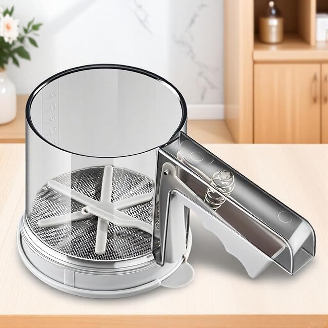 3-Cup Flour Sifter, Sifter for Baking Straight Handle & Press Double-Layer Fine Mesh Filter - Food Grade Stainless Steel Suitable for All Baking Flour Powdered Sugar Almond Powder and Cocoa Powder