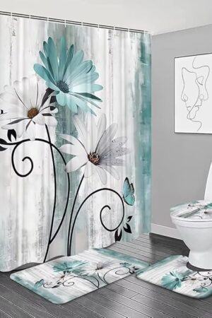 4PCS Rustic Teal Flower Farmhouse Shower Curtain Set,Waterproof Teal Daisy Floral Bathroom Decor Accessory Set