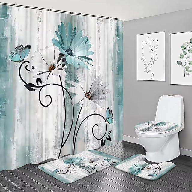 4PCS Rustic Teal Flower Farmhouse Shower Curtain Set,Waterproof Teal Daisy Floral Bathroom Decor Accessory Set
