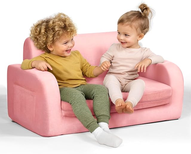 3-in-1 Extra Wide Convertible Kids Couch, Flip Open Toddler Couch to Lounger, Comfy Toddler Chair, Machine-Washable Kids Sofa for Girls, Kid Sofa Bed for Fun Playtime or Comfy Lounging, Pink