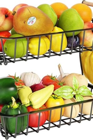 ANTOPY 2 Tier Fruit Basket with 2 Banana Hangers, Countertop Fruit Vegetable Basket Bowl for Kitchen Counter Metal Wire Fruits Storage Stand Holder Organizer for Bread Snack Veggies Produce