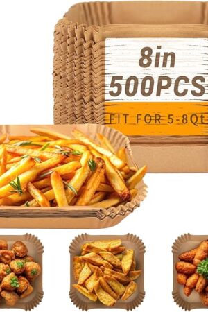 500Pcs Air Fryer Paper Liners, 8? Square Disposable Parchment Paper Liner for 5-8 QT Air Fryer, Non-Stick, Oil Proof Unbleached Airfryer for Baking, Roasting Microwave