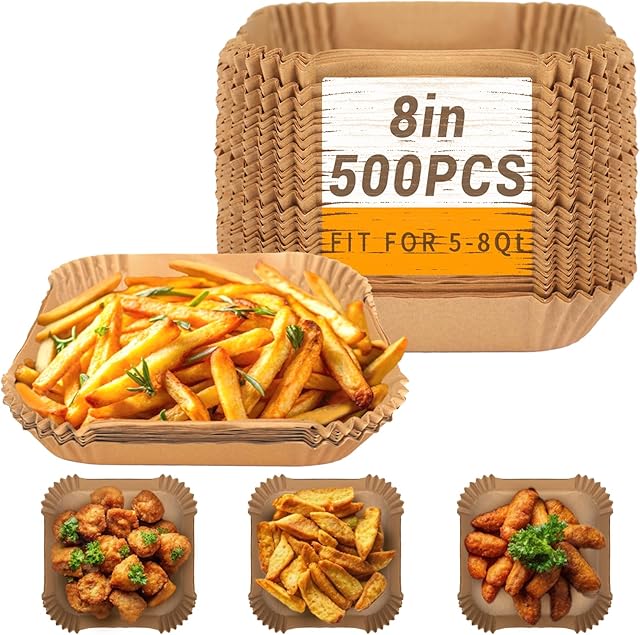 500Pcs Air Fryer Paper Liners, 8? Square Disposable Parchment Paper Liner for 5-8 QT Air Fryer, Non-Stick, Oil Proof Unbleached Airfryer for Baking, Roasting Microwave