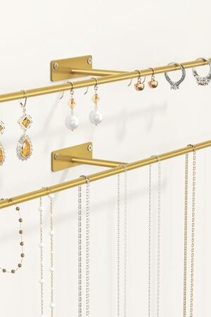 Wall Hanging Jewelry Organizer: 12.6'' Necklace Holder for Earring, Bracelet, Rings, Hairband, Glasses, Gold 2-Pack, Screws Included