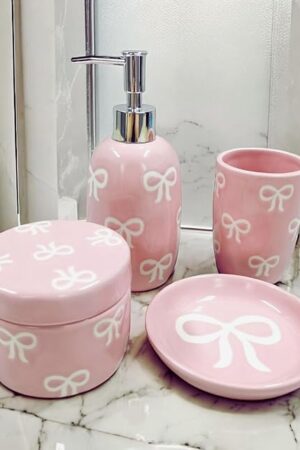 Bow Bathroom Set, 4 Pcs Ceramic Bathroom Accessory Sets - Soap Dispenser, Tumbler Toothbrush Holder, Vanity Soap Tray, Cotton Swab Jars - Pink Bathroom Decor Gift for Her (Pink)