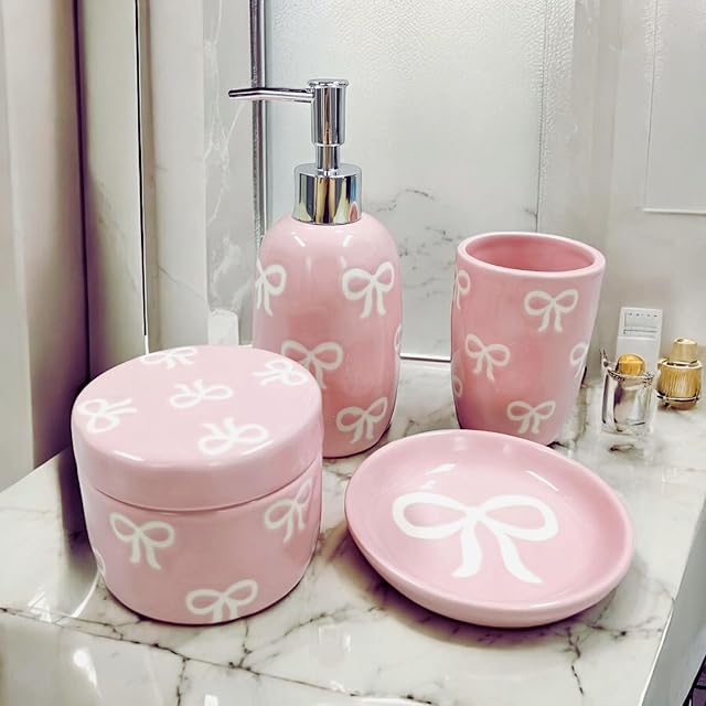 Bow Bathroom Set, 4 Pcs Ceramic Bathroom Accessory Sets - Soap Dispenser, Tumbler Toothbrush Holder, Vanity Soap Tray, Cotton Swab Jars - Pink Bathroom Decor Gift for Her (Pink)