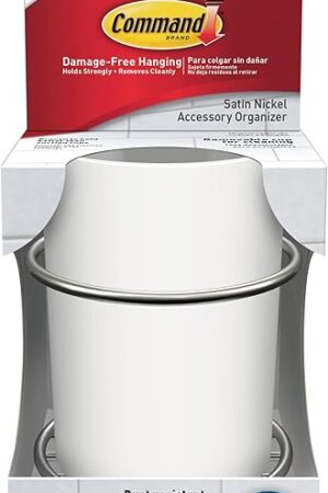 Command Accessory Organizer, Holds up to 2 lb, 3.36" x 3.78" x 4.4" Organizer with 2 Medium Water-Resistant Command Strips, Satin Nickel, Damage Free Bathroom Organization