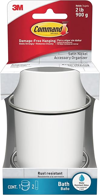 Command Accessory Organizer, Holds up to 2 lb, 3.36" x 3.78" x 4.4" Organizer with 2 Medium Water-Resistant Command Strips, Satin Nickel, Damage Free Bathroom Organization