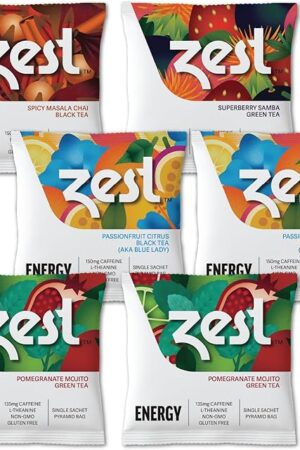 Zest High Caffeine Energy Leaf Blends - Variety Mini Sampler Pack | 135-150mg Caffeine | Healthy Coffee Alt | 6 Tea Bags | Black & Green Tea | Natural Strong Flavored | Keto Substitute