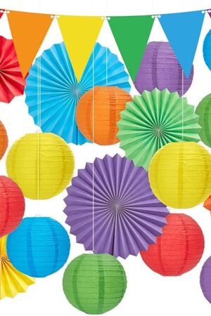 21Pcs Colorful Classroom Decor Rainbow Hanging Paper Lanterns Paper Fans Triangle Flags Banners Set Round Lantern for Back to School Ceiling Supplies Home Indoor Birthday Party Ceremonial Event