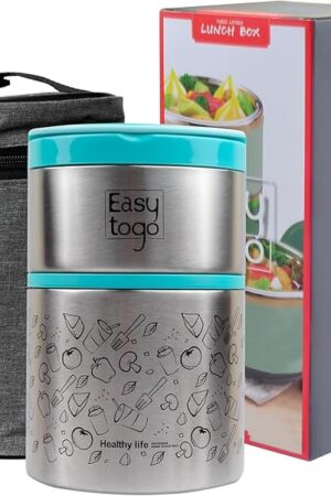2-Tier Stainless Steel Lunch Box – 32oz Insulated Stackable Food Container with Lunch Bag – Portable Thermal Bento Box for Adults, Men & Women – Blue