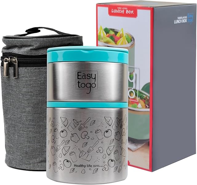 2-Tier Stainless Steel Lunch Box – 32oz Insulated Stackable Food Container with Lunch Bag – Portable Thermal Bento Box for Adults, Men & Women – Blue
