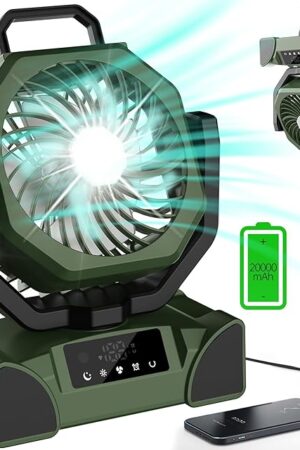 20000mAh Portable Camping Fan Rechargeable,Max 68 Hrs Runtime Battery Operated Tent Fans with LED Lantern,5 Wind Speeds,4 Timer Modes,Desk Fan for Travel,Power Outages (Green)