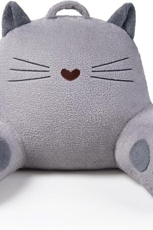 Blissful Diary Kitty Reading Pillow for Kids/Teens/Adults, Back Rest Pillow for Sitting Up in Bed with Shredded Memory Foam, Includes Arms and Washable Cover, Light Gray